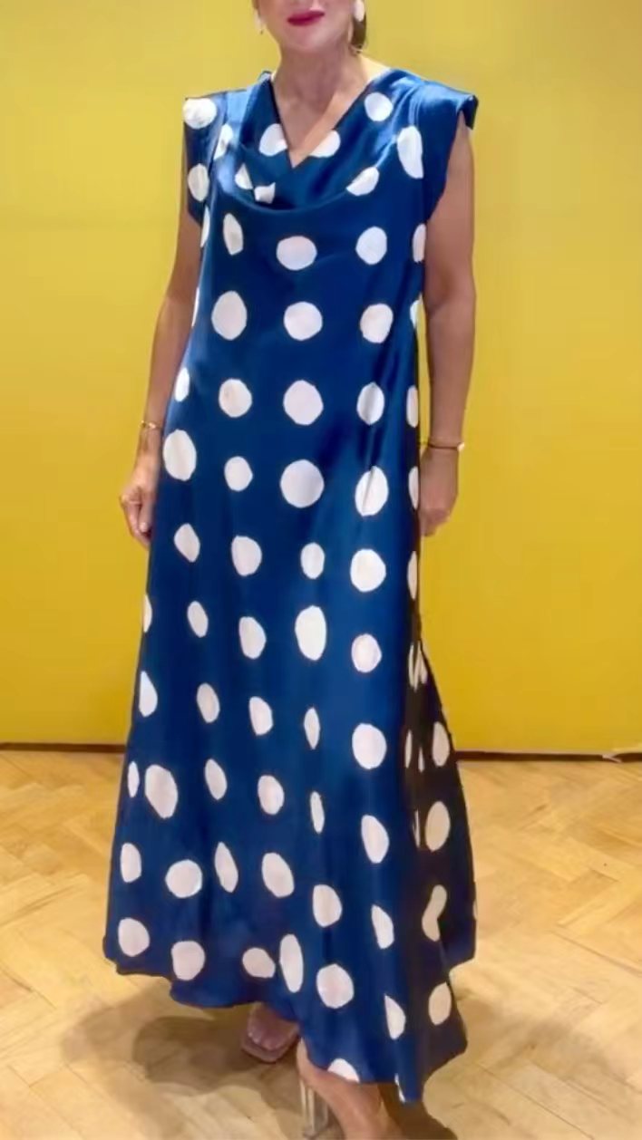Blue White Polka Dot Cowl Neck Satin Maxi Dress