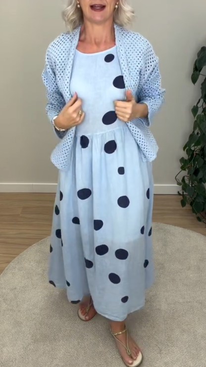 Polka Dot Maxi Dress With Hollow Knit Cardigan Two Piece Set