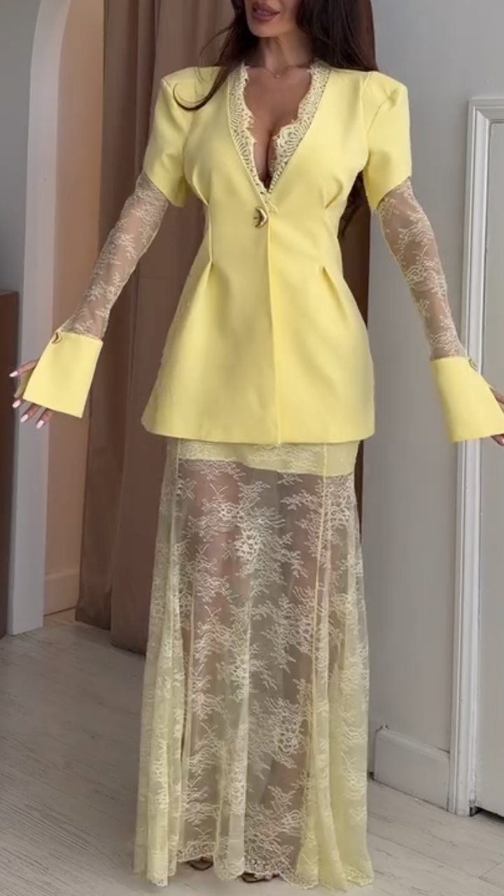 Lace‐Insert Blazer & Sheer Lace Maxi Skirt Co‐Ord Set