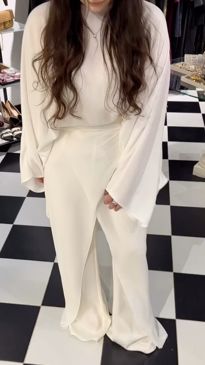Draped High‐Neck Top & Wrap‐Front Wide Leg Pants Co‐Ord Set
