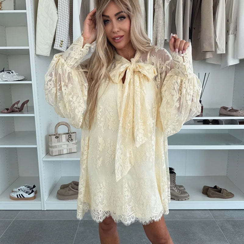 💖Limited Sale 50% OFF💖Lace Mini Dress with Bow Tie Neck