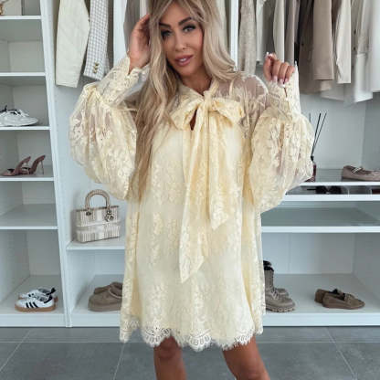 💖Limited Sale 50% OFF💖Lace Mini Dress with Bow Tie Neck