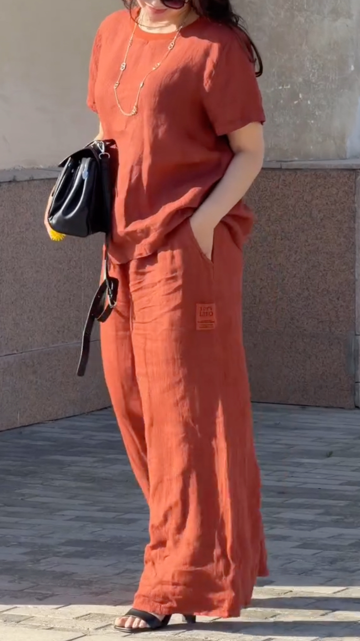 Rust Linen Short Sleeve Casual Two Piece Set