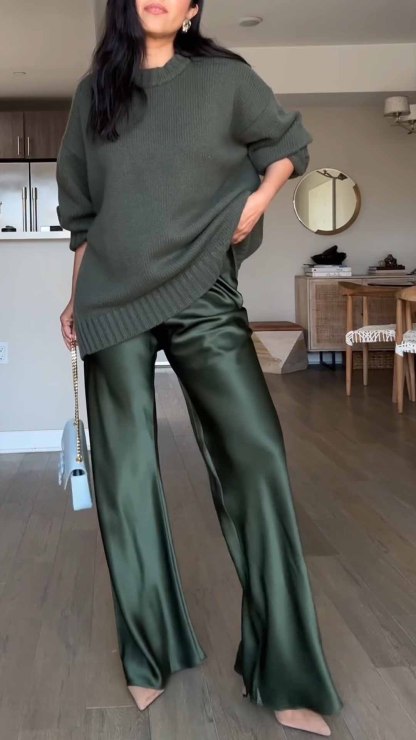 Chocolate Brown Oversized Sweater with Satin Wide - Leg Pants Set