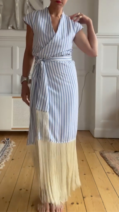 Blue White Striped Wrap Tassel Midi Dress