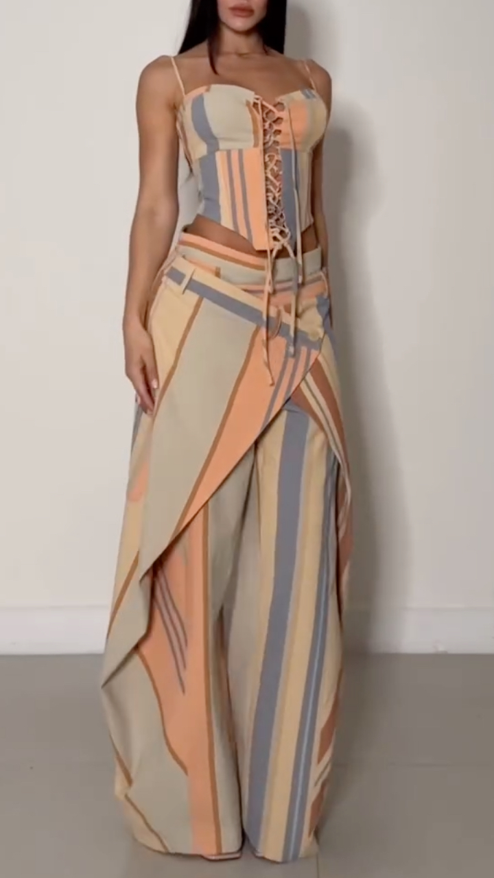 Stripe Corset Top & Wrap Overlay Wide Leg Pants Co‐Ord Set