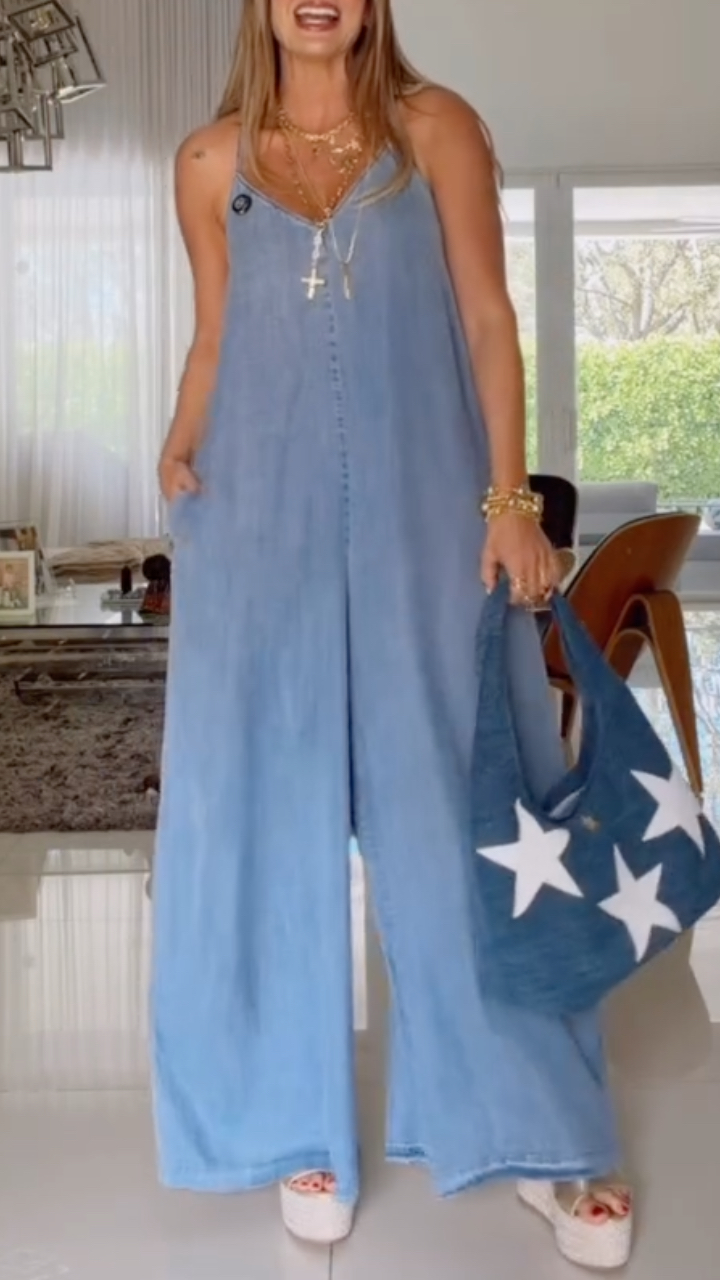 V-Neck Halter Top Tencel Denim Casual Jumpsuit