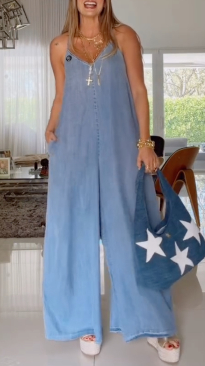 V-Neck Halter Top Tencel Denim Casual Jumpsuit