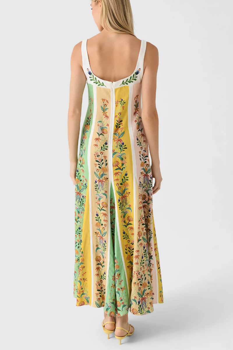 Women's Fresh Color-Blocked Floral Print Sundress Long Dress Vacation Style