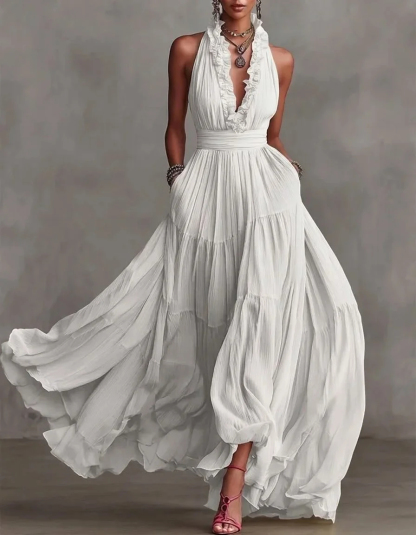 Ruffle Halter Pleated Flowy Maxi Dress