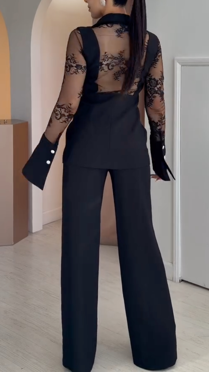 Lace‐Insert Blazer & Cutout Wide Leg Pants Co‐Ord Set