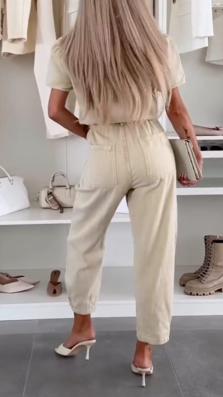 Women's Collared Denim Lace-Up Casual Jumpsuit