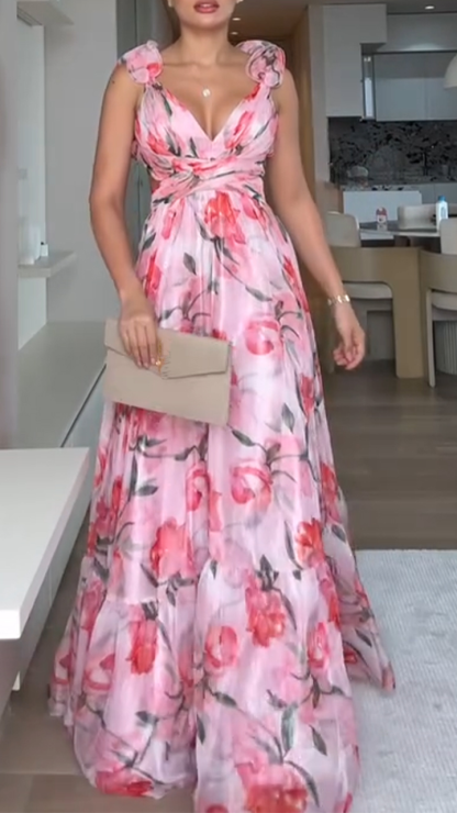 Women's V-neck Waist-tied Back Tie-up Elegant A-line Printed Dress