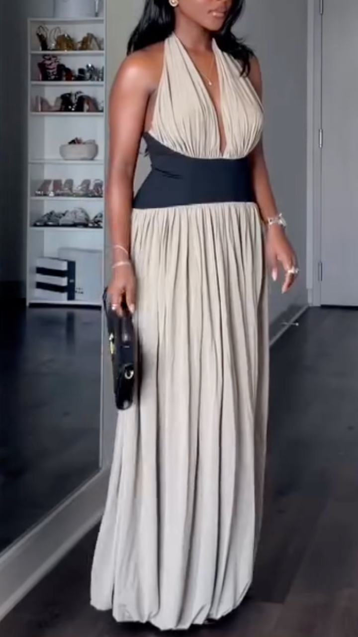 Beige Black Color Block Halter Neck Maxi Dress