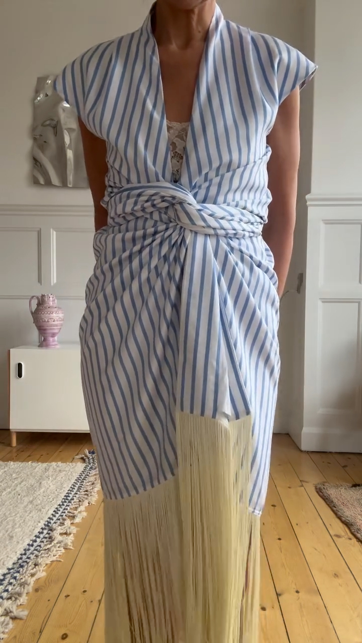 Blue White Striped Wrap Tassel Midi Dress