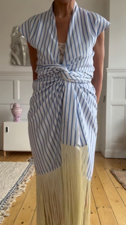 Blue White Striped Wrap Tassel Midi Dress