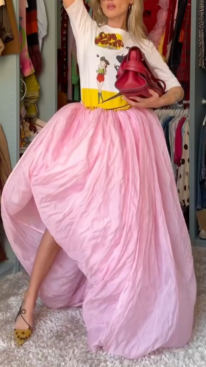 Pink Crinkled Satin High Waist Maxi Skirt