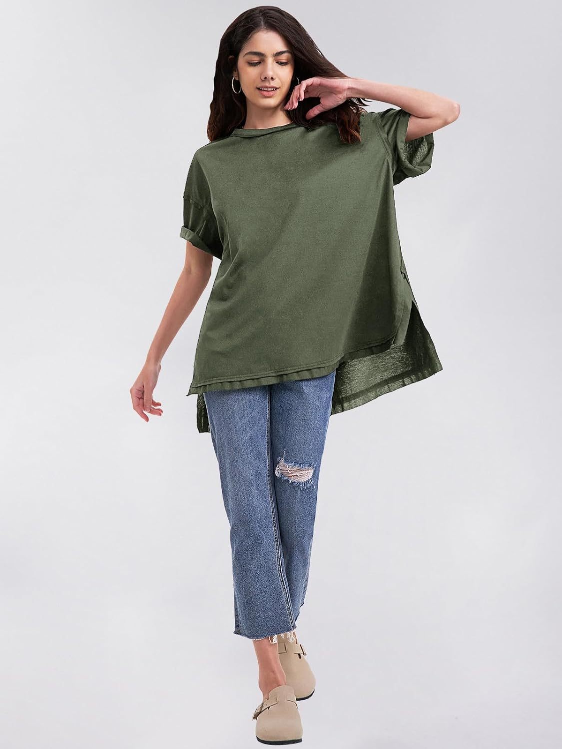 Womens Summer Oversized T Shirts 2025 Casual Short Sleeve Loose Maternity Tops Crewneck Tunic Plus Gym Workout Top