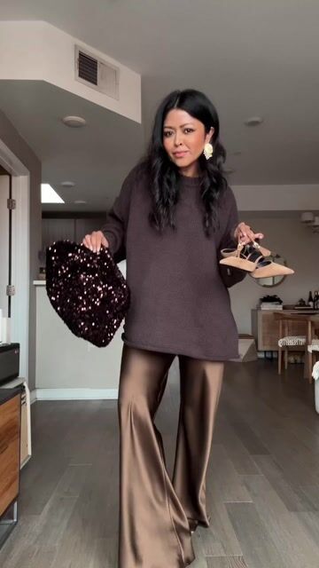 Chocolate Brown Oversized Sweater with Satin Wide - Leg Pants Set