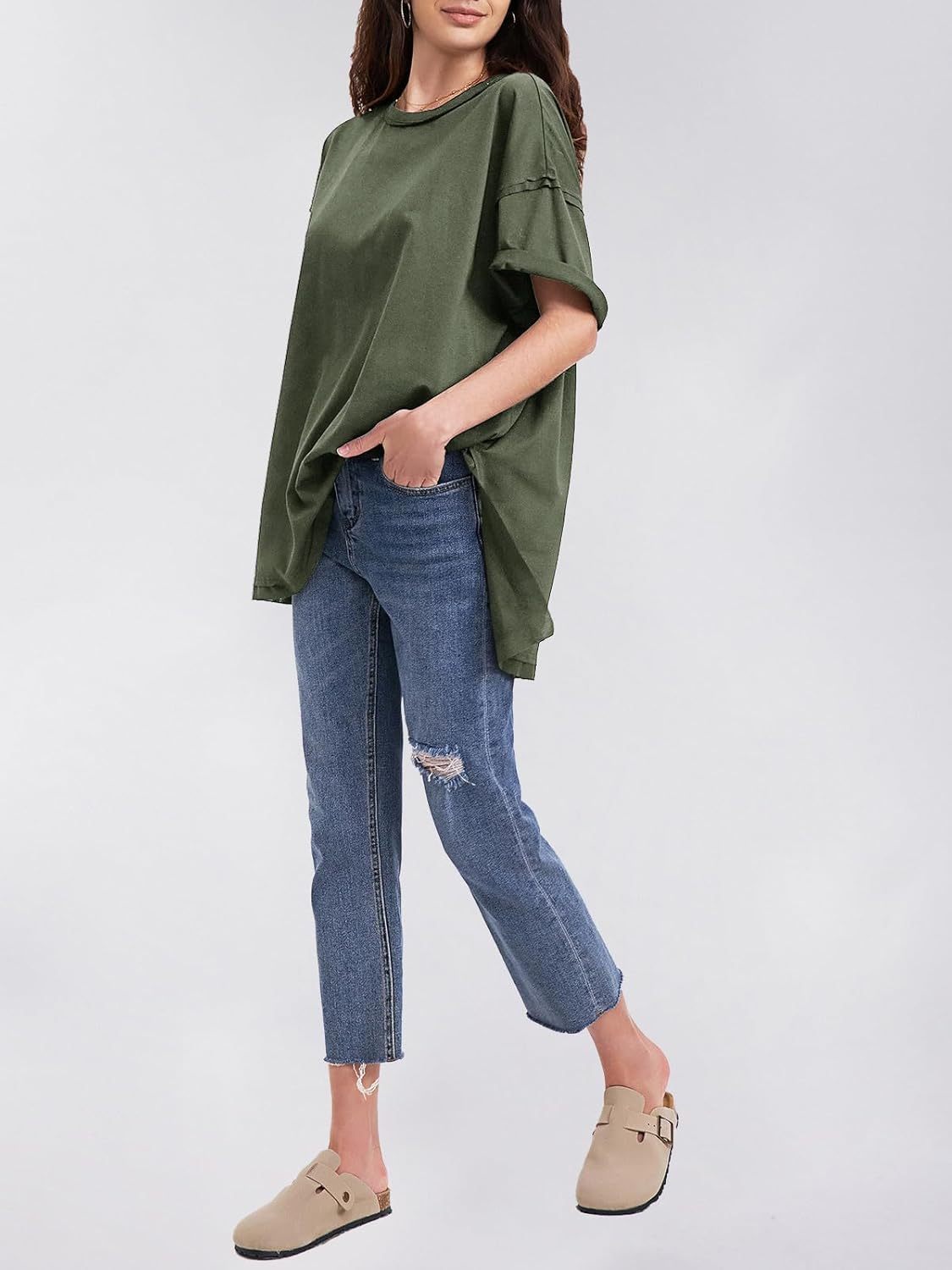 Womens Summer Oversized T Shirts 2025 Casual Short Sleeve Loose Maternity Tops Crewneck Tunic Plus Gym Workout Top