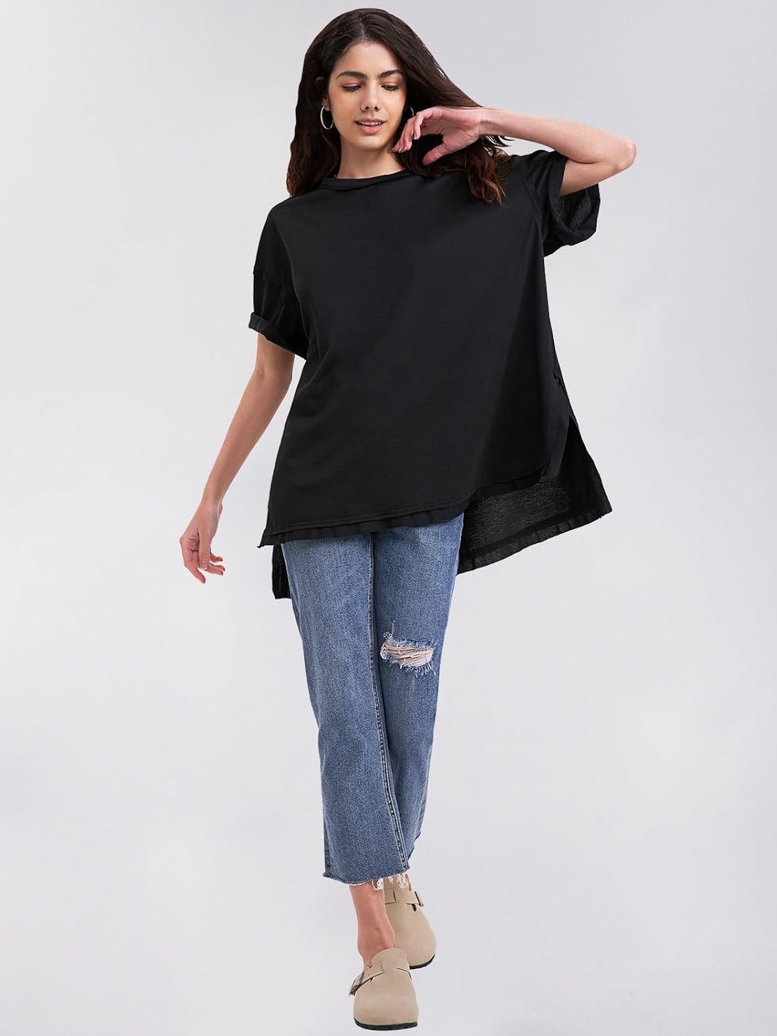 Womens Summer Oversized T Shirts 2025 Casual Short Sleeve Loose Maternity Tops Crewneck Tunic Plus Gym Workout Top