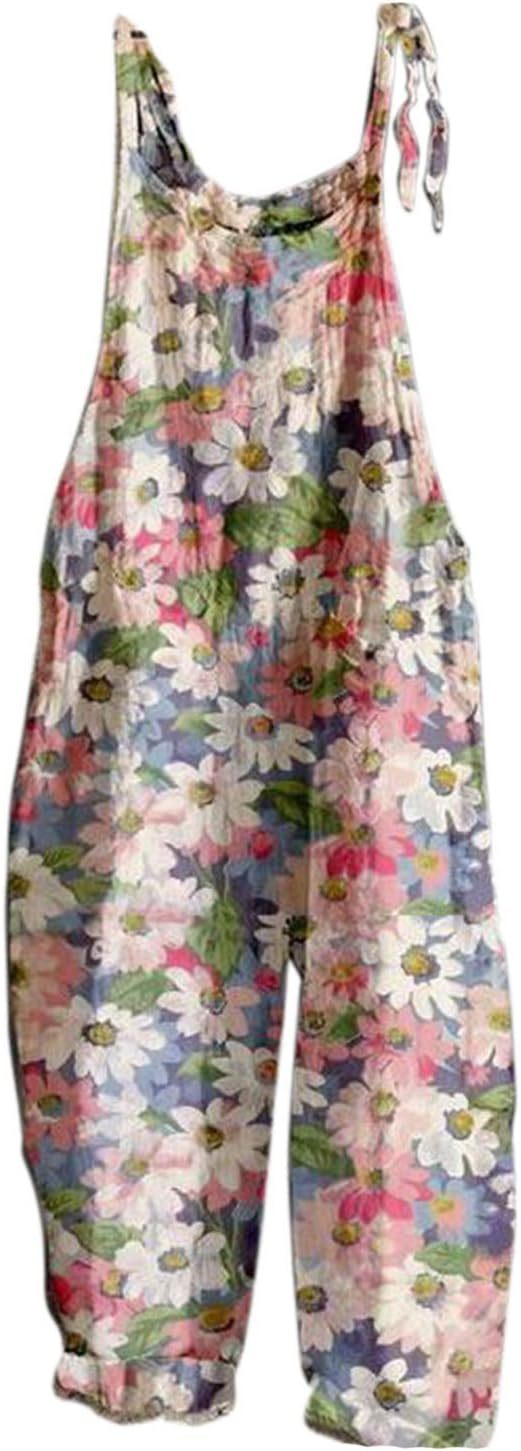 Women's Baggy Loose Leg Dungarees Women's Casual Loose Fit Overalls Print Overalls with Shoulder Knot