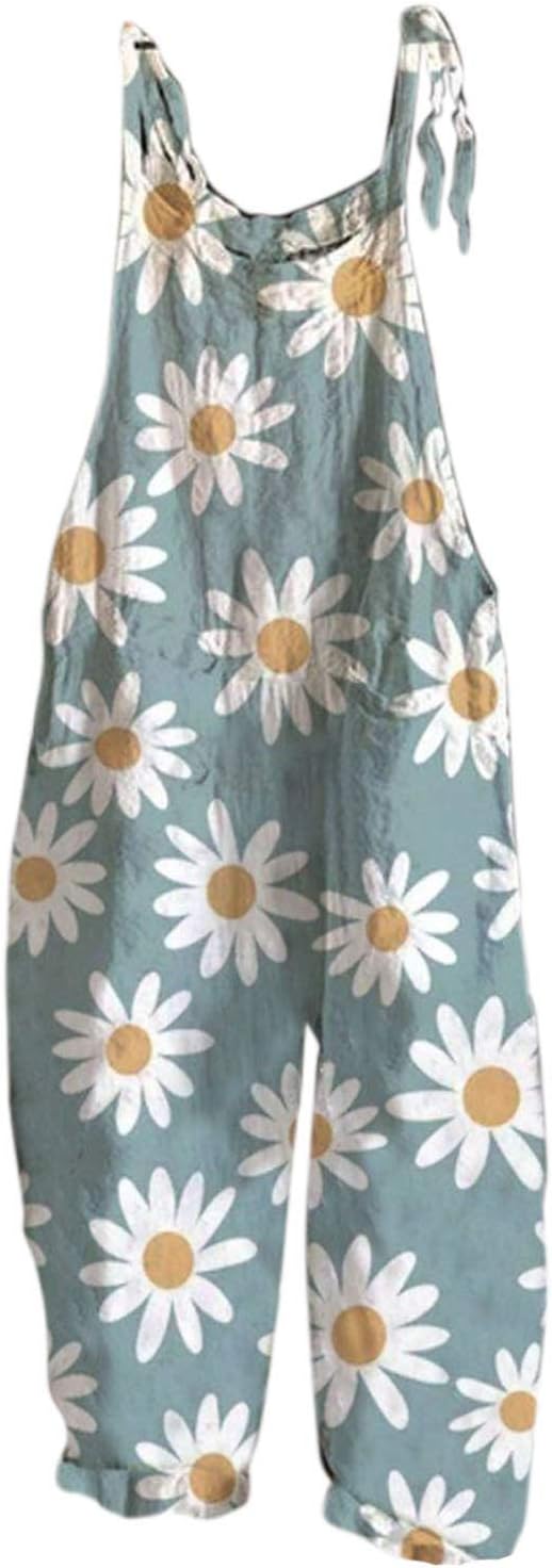 Women's Baggy Loose Leg Dungarees Women's Casual Loose Fit Overalls Print Overalls with Shoulder Knot