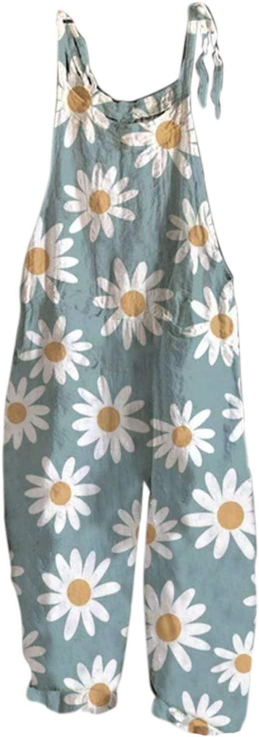 Women's Baggy Loose Leg Dungarees Women's Casual Loose Fit Overalls Print Overalls with Shoulder Knot