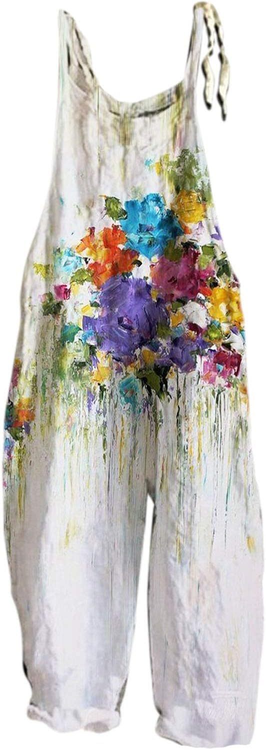 Women's Baggy Loose Leg Dungarees Women's Casual Loose Fit Overalls Print Overalls with Shoulder Knot