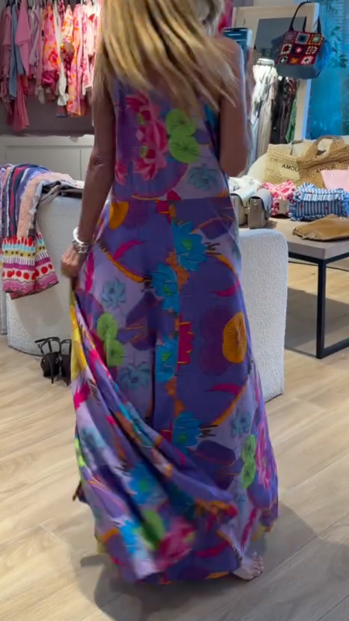 Purple Floral Print Sleeveless Maxi Shirt Dress