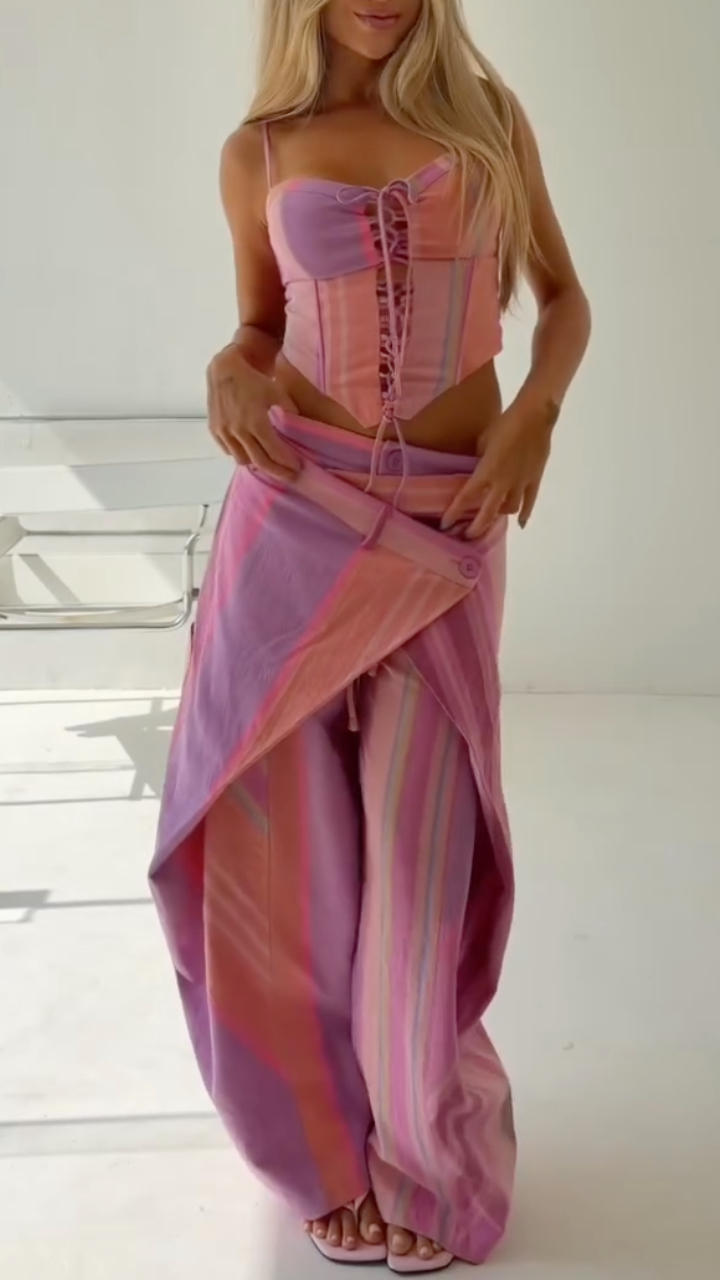 Stripe Corset Top & Wrap Overlay Wide Leg Pants Co‐Ord Set