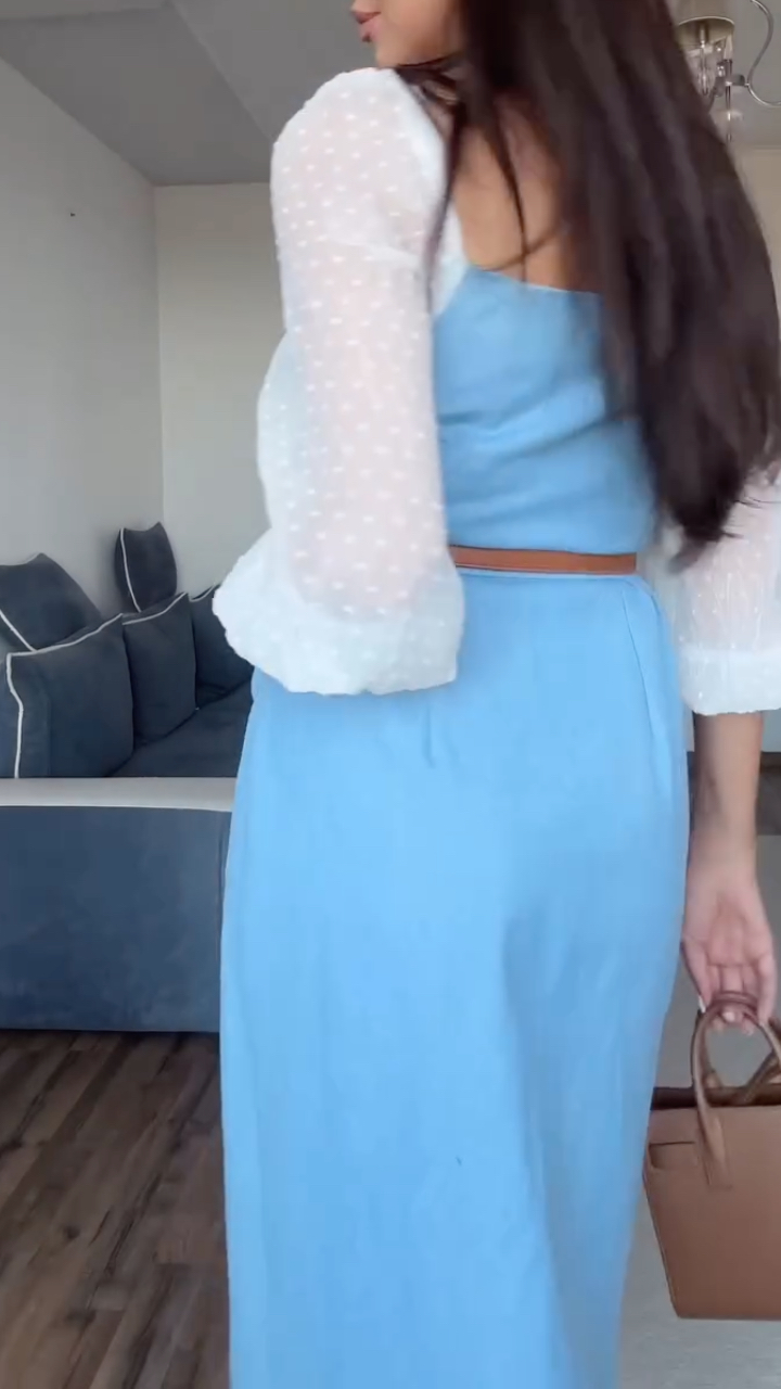 Light Blue Off-Shoulder Puff Sleeve Slit Dress