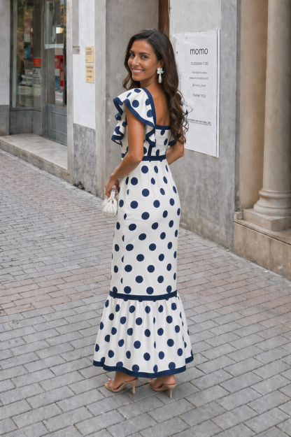 Navy Polka Dot Ruffle Square Neck Midi Dress