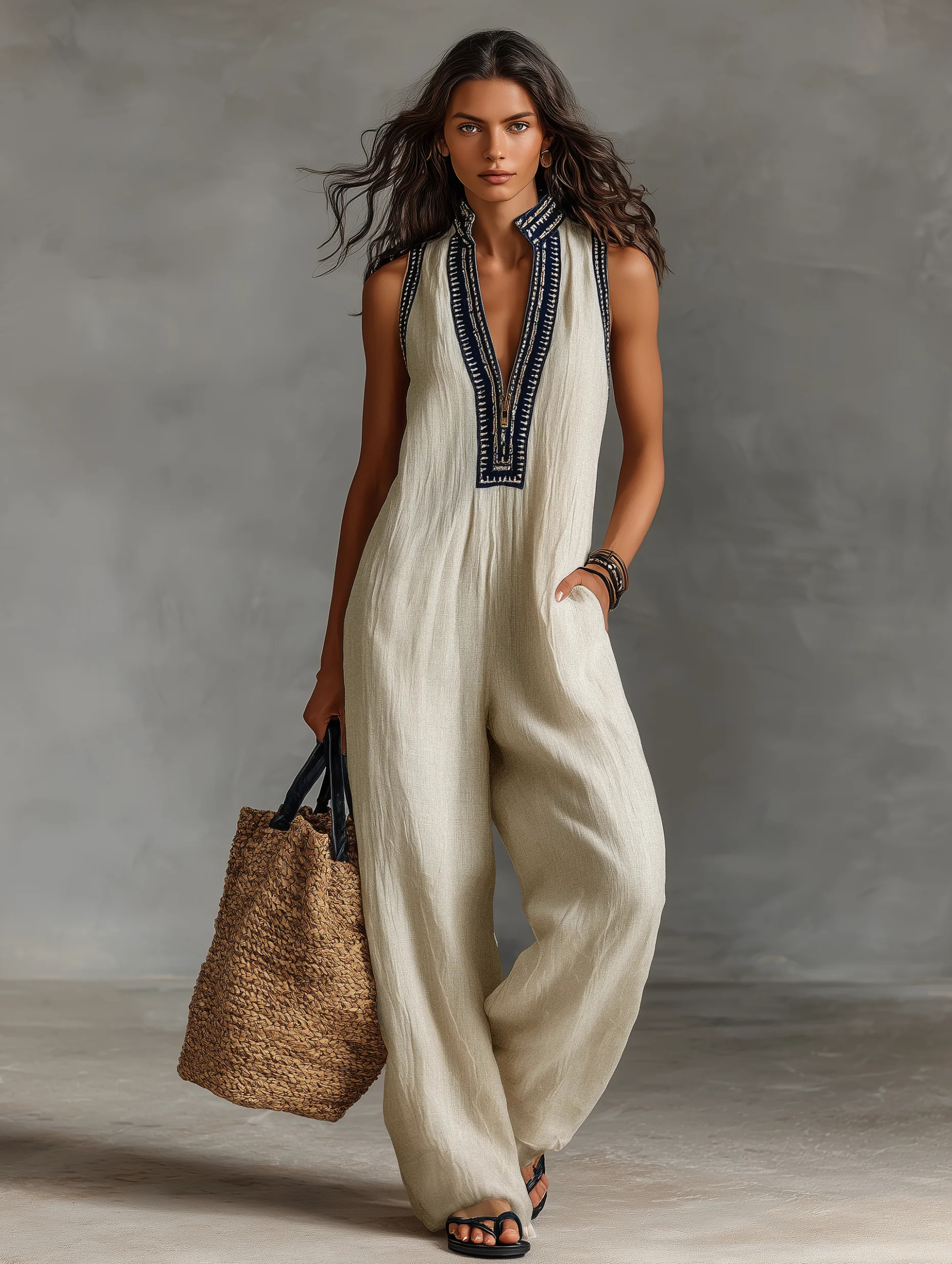 Women's V-Neck Cotton Linen Ethnic Print Casual Jumpsuit