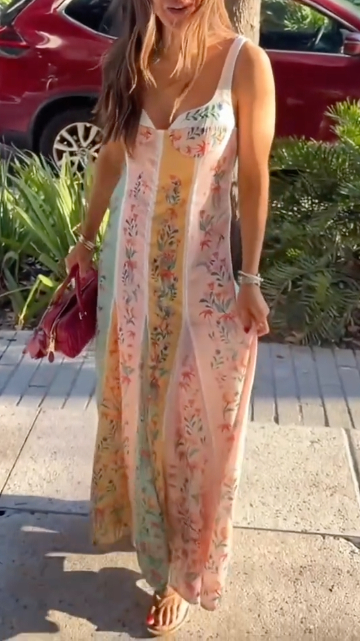 Women's Fresh Color-Blocked Floral Print Sundress Long Dress Vacation Style