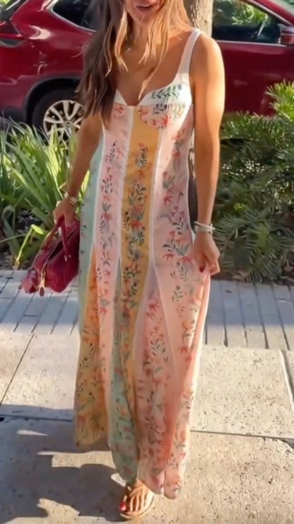 Women's Fresh Color-Blocked Floral Print Sundress Long Dress Vacation Style