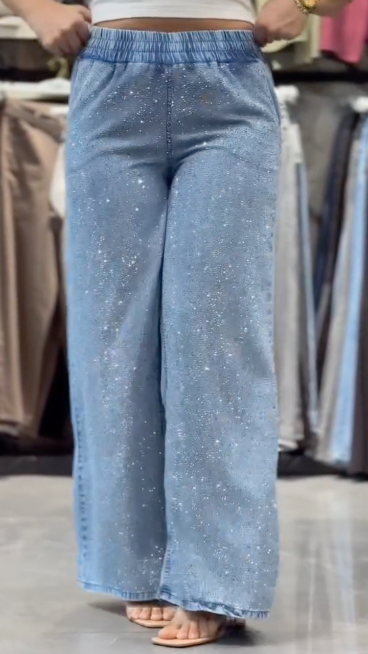 Elastic Waist Full Glitter Sparkle Loose Wide Leg Jeans