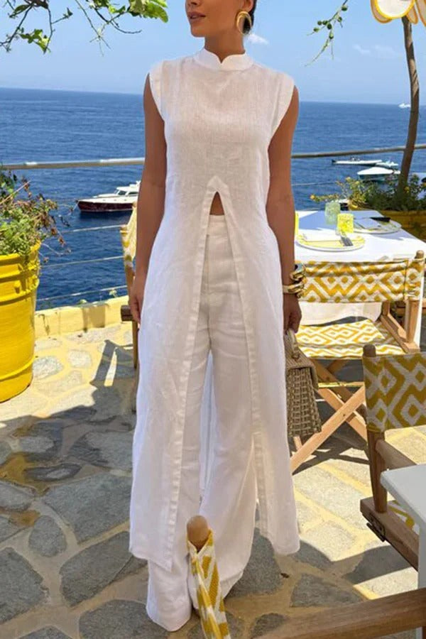 Elegant Resort Linen Blend Stand Neck Front Slit Midi Top and Elastic Waist Loose Pants Set