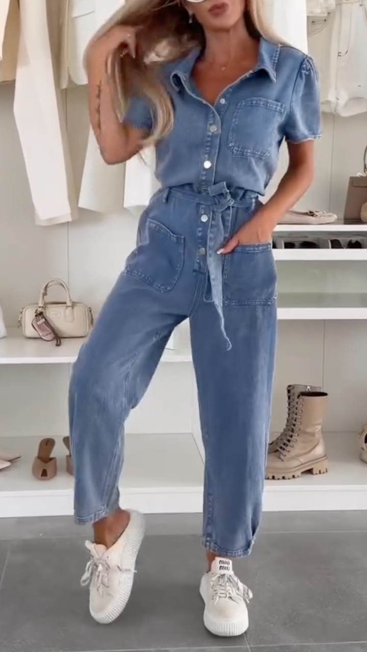 Women's Collared Denim Lace-Up Casual Jumpsuit