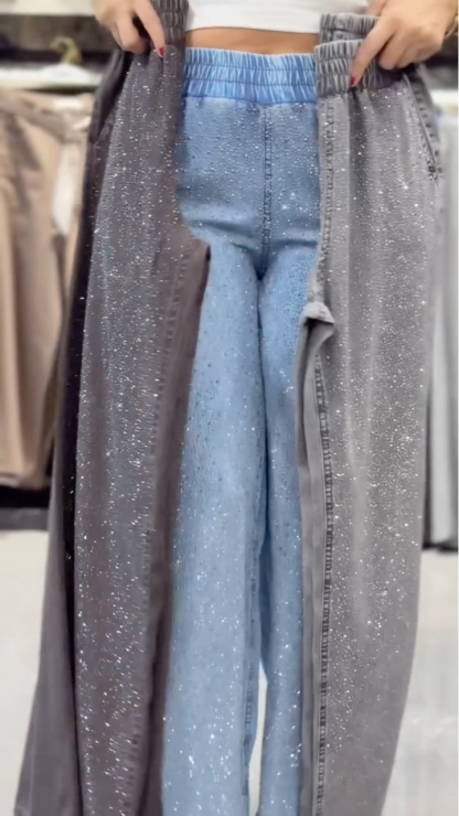 Elastic Waist Full Glitter Sparkle Loose Wide Leg Jeans