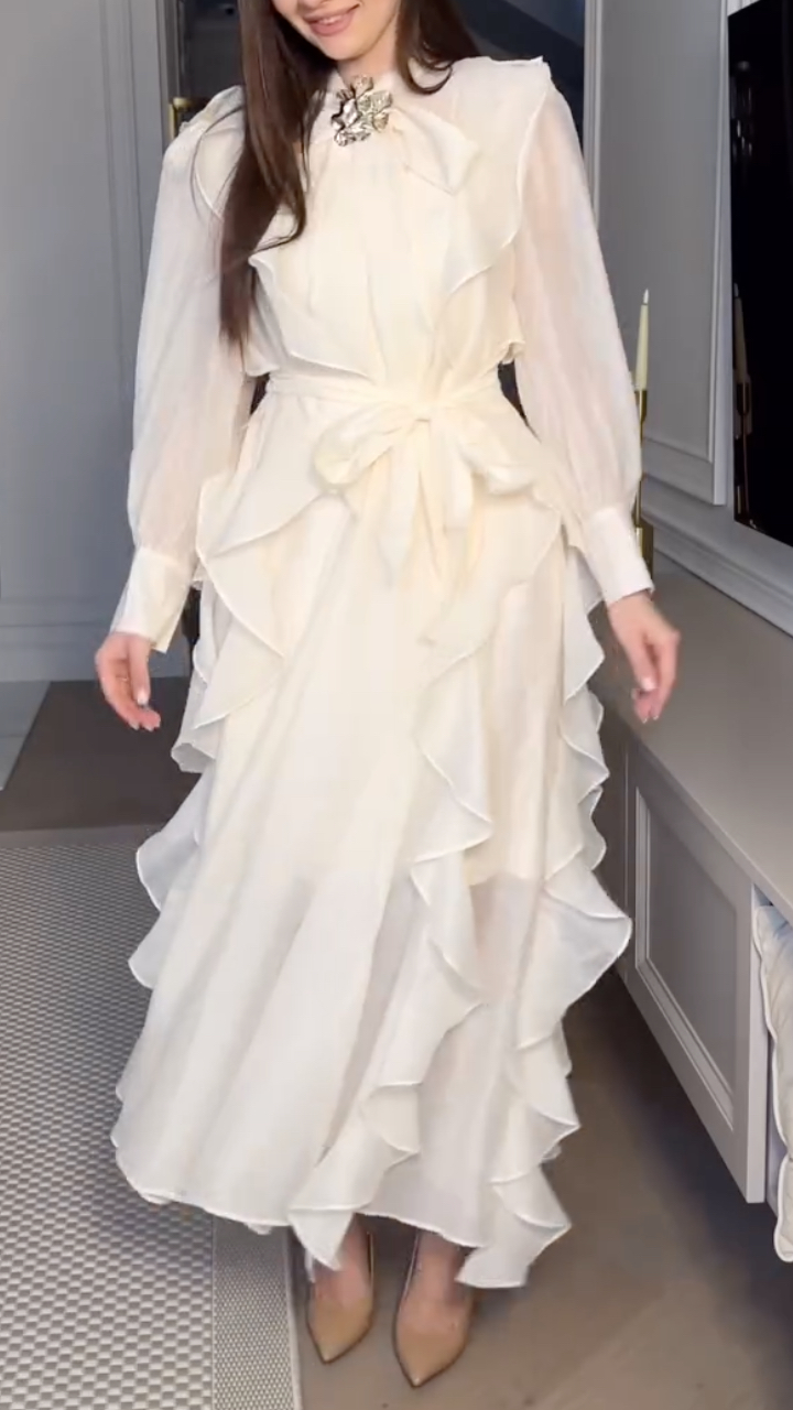 White Sheer Ruffled Tie‐Waist Maxi Dress