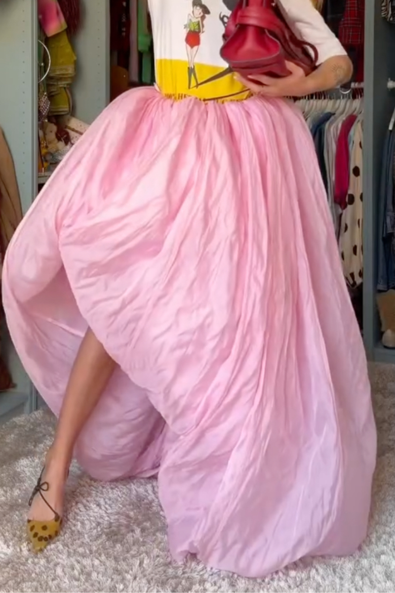 Pink Crinkled Satin High Waist Maxi Skirt
