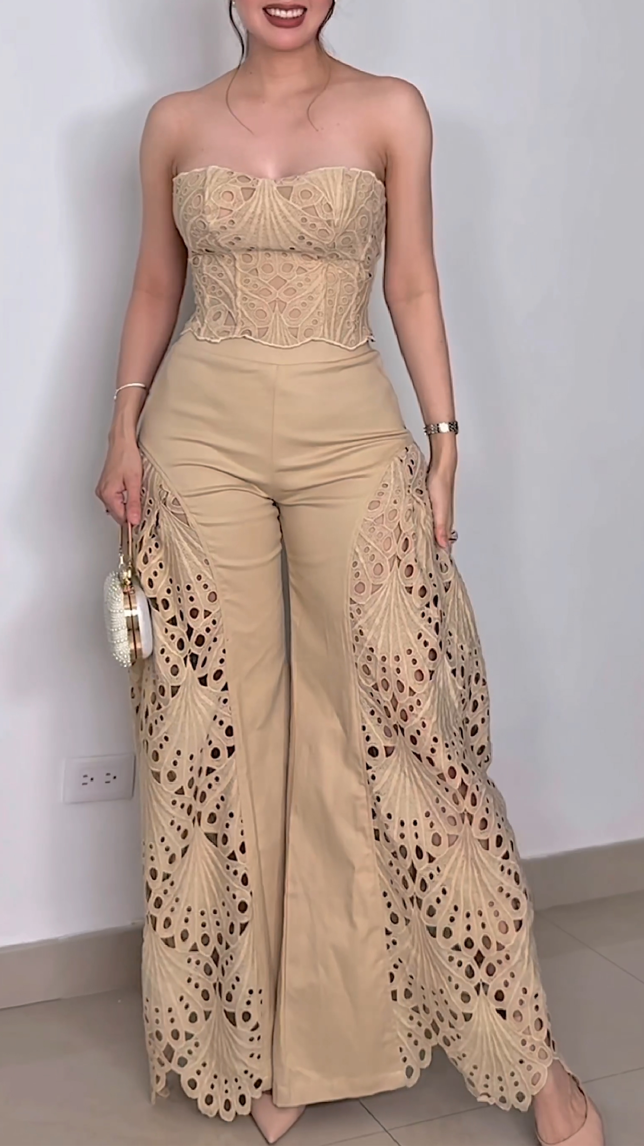 Beige Strapless Lace - Detailed Corset Top and Wide - Leg Pants Set
