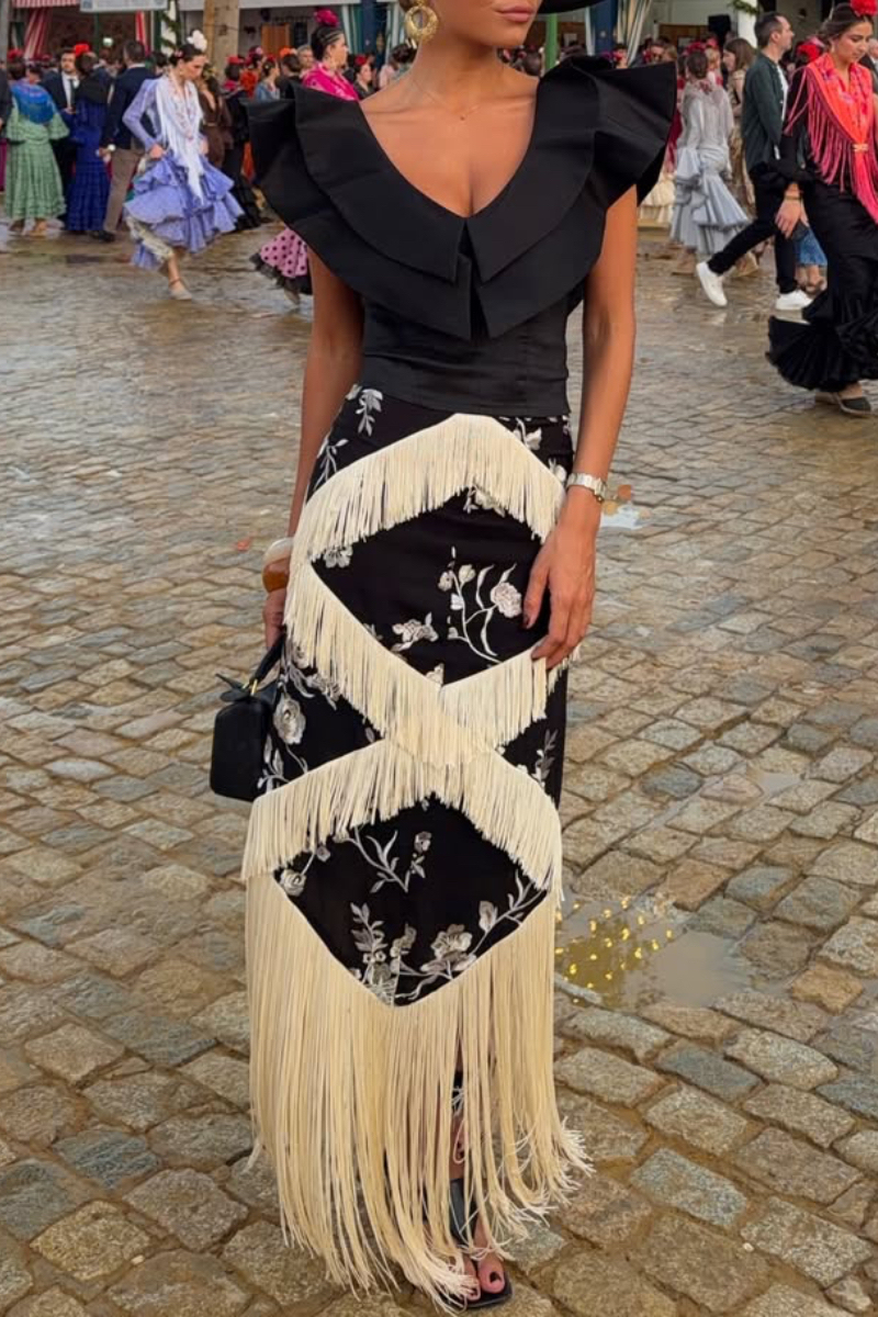 Black Ruffled Fringe Floral Maxi Dress