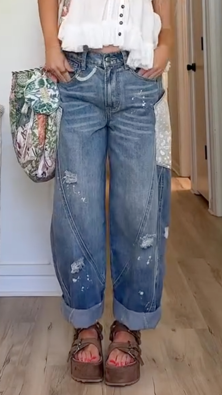 Short‐Sleeve Top & Distressed Patchwork Denim Jeans Co‐Ord Set