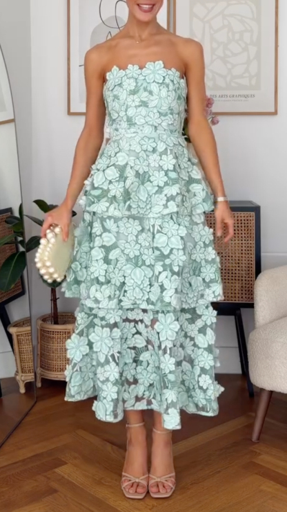Mint Green Floral Applique Strapless Tiered Midi Dress