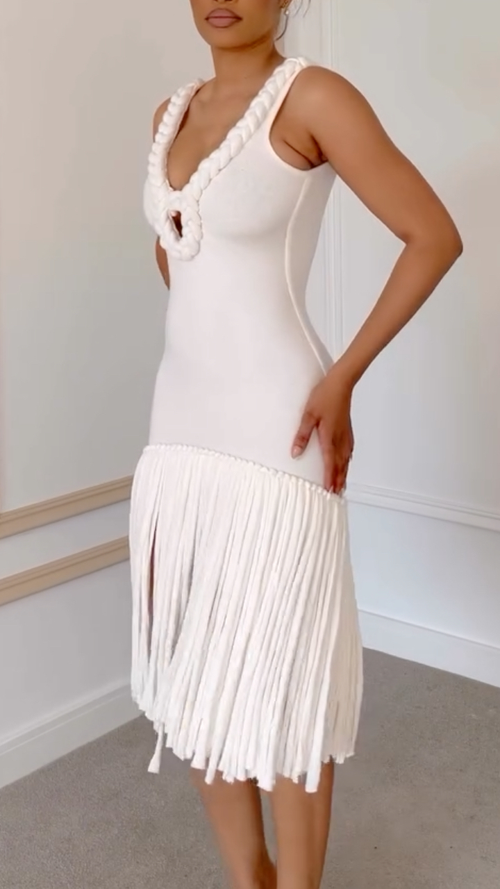 White Knit Braided Fringe Midi Bodycon Dress