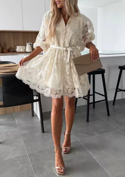Women's Beige V-Neck Puff Sleeve Lace Embroidered Belted Mini Dress