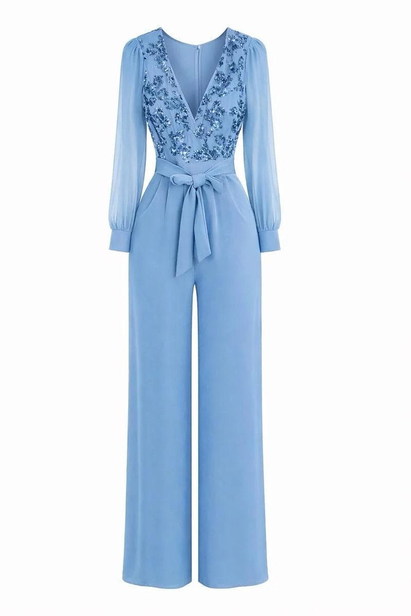 Women's V-Neck Sequined Embroidered Patchwork Jumpsuit