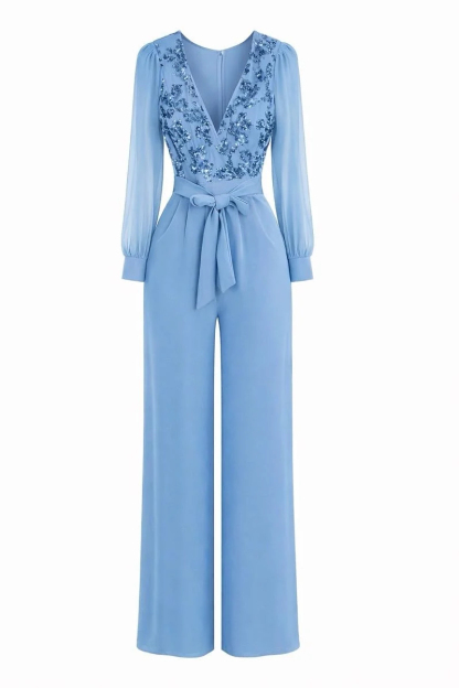 Women's V-Neck Sequined Embroidered Patchwork Jumpsuit